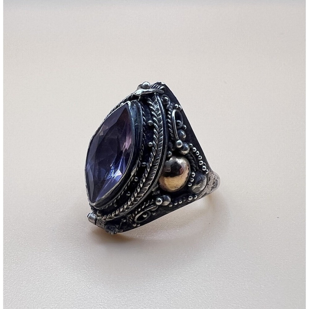 Vintage 925 Sterling Silver 18K Gold Poison Ring Hidden Compartment Purple Stone